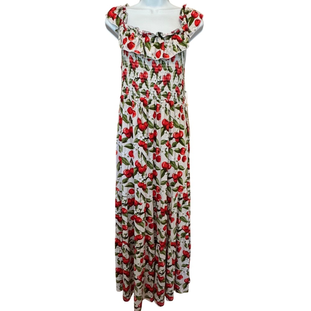 NWT Bums & Roses Maxi Dress M Cherry Print Smocked Bamboo Viscose Tiered Garden